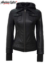 Tralee Petite Women’s Black Motorcycle Leather Jacket with Hood
